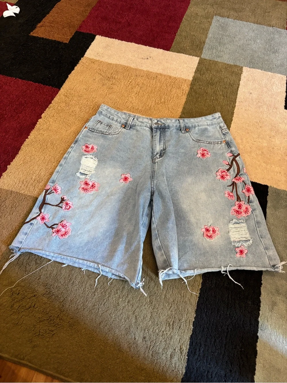 ROMWE Light Blue Denim Shorts with Pink Floral Embroidery